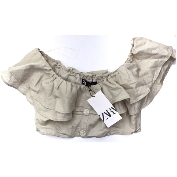 Zara NWT Cropped Ruffle Linen Blend Top Medium Beige Bloggers Fav - Picture 7 of 10